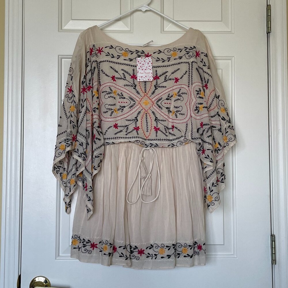 NWT Free People Frida Floral Folk Embroidered Handkerchief Sleeves Mini Dress XS